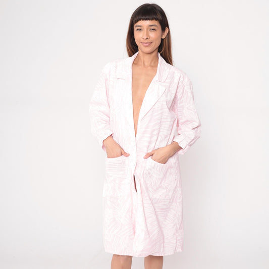 80s Pink Floral Robe Knee-Length Button-Front House Coat Medium