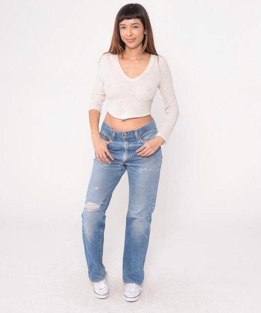 90s Levi's Light Wash Straight Leg Jeans Distressed Denim Size 32