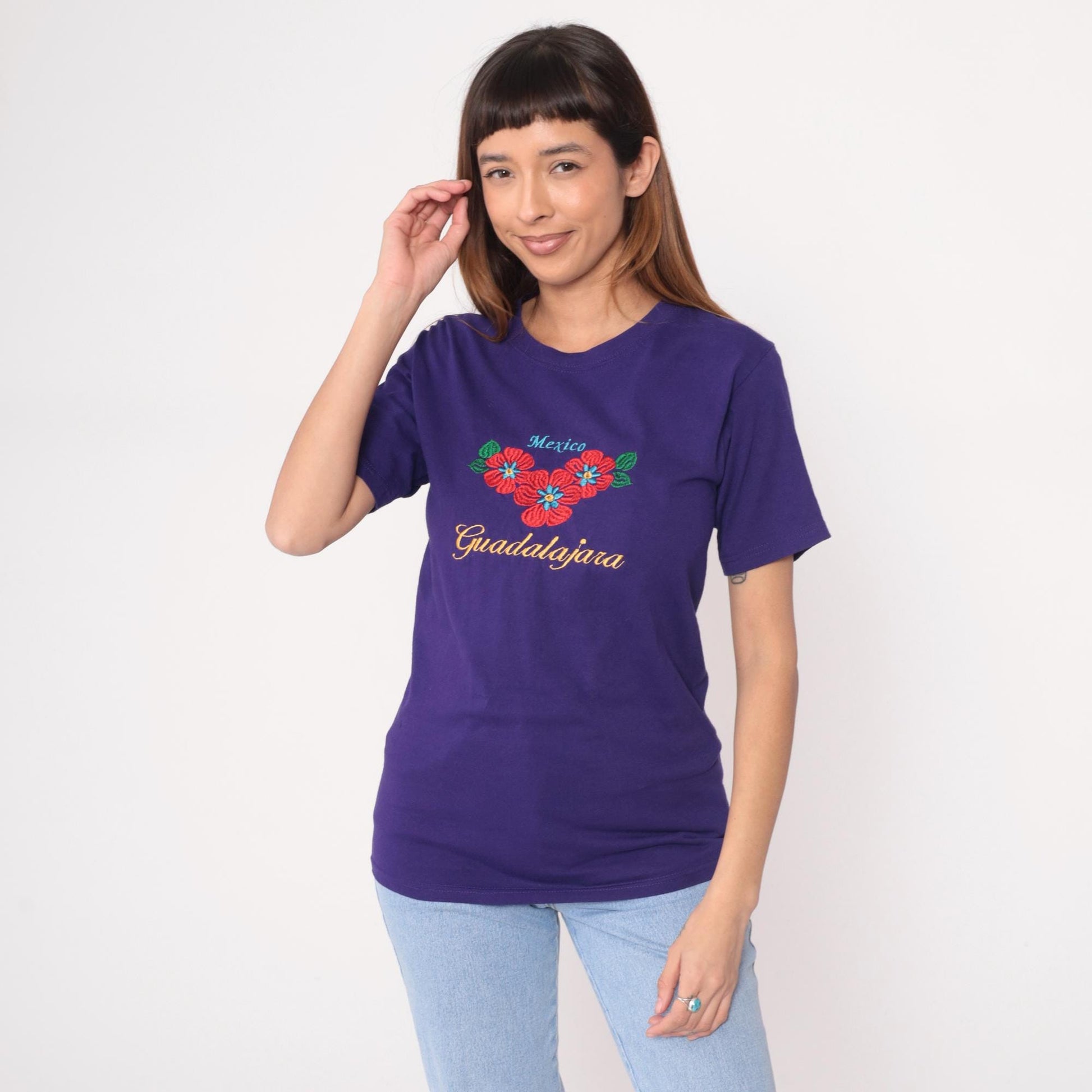 Y2K Yazbek Mexico Guadalajara Embroidered Floral T-Shirt Purple Small S