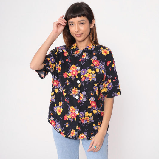 90s Black Floral Rayon Blouse Short Sleeve Button Up Medium M