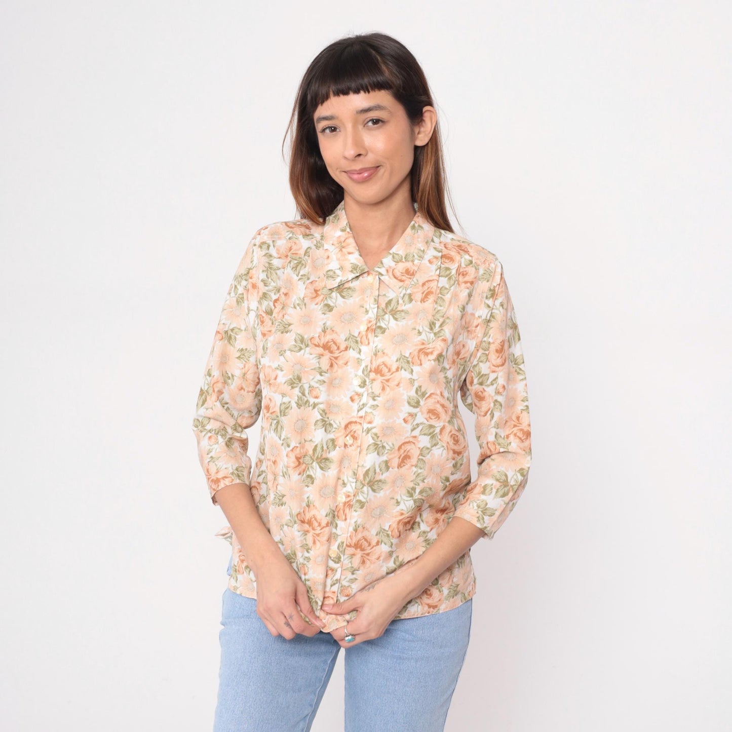 80s Floral Button-Front Blouse Peach Rose Print Cream Notched Collar Medium