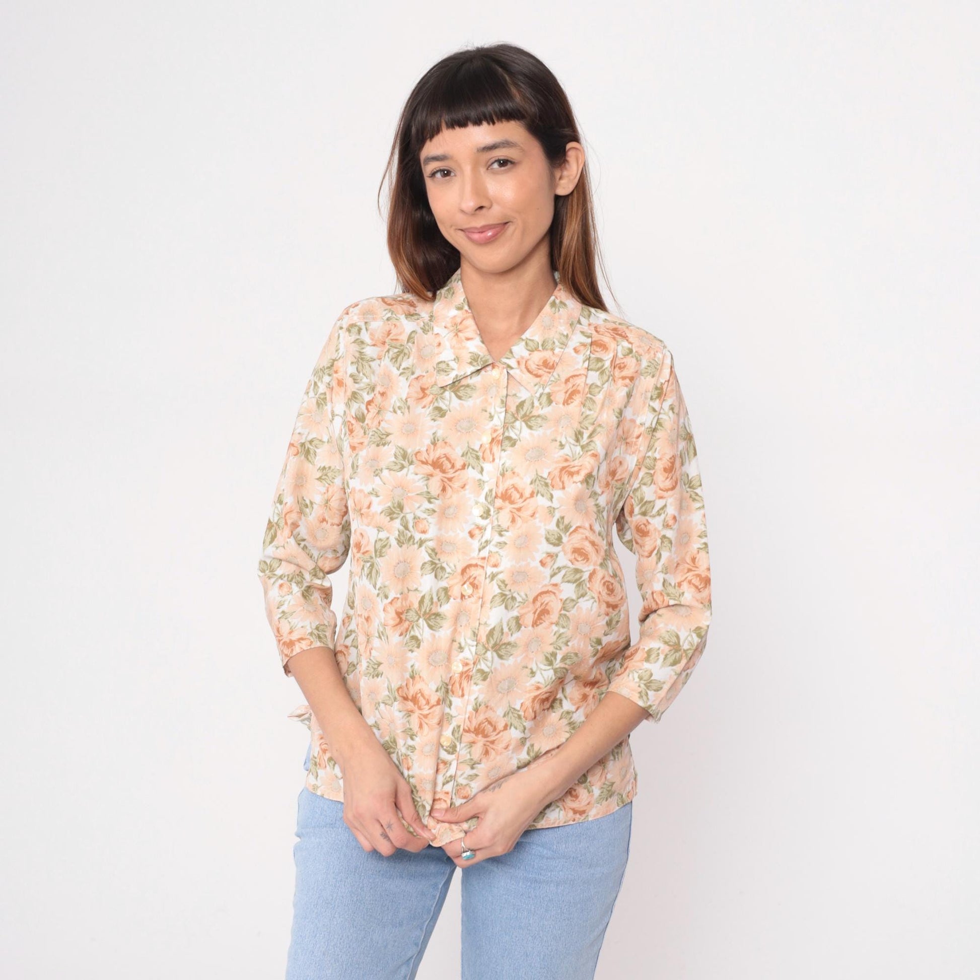 80s Floral Button-Front Blouse Peach Rose Print Cream Notched Collar Medium