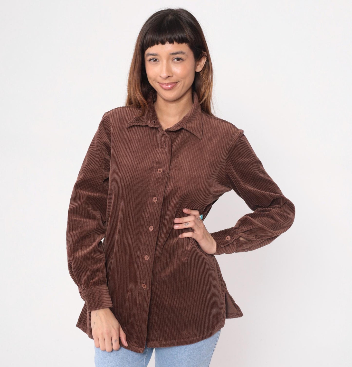 Y2K Brown Corduroy Button-Up Shirt Blair Pointed Collar Long Sleeve Medium
