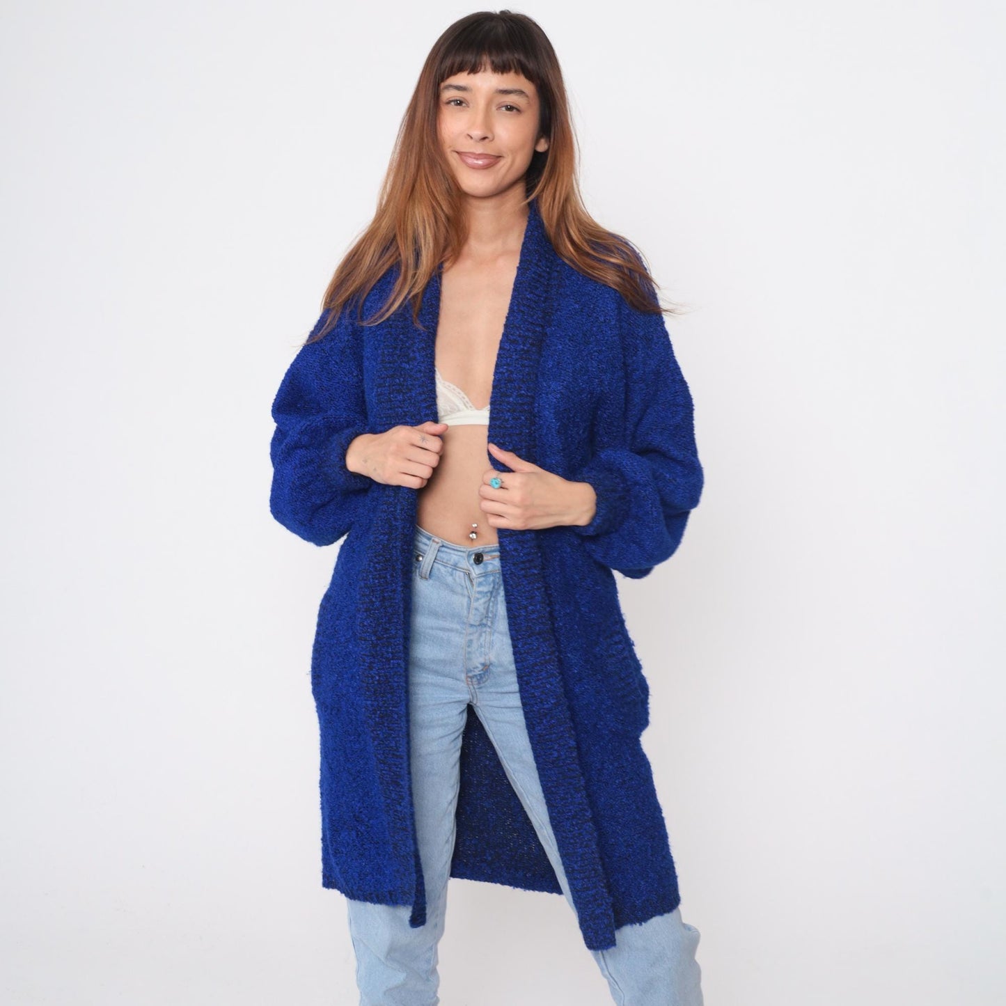 90s Sideffects Royal Blue Boucle Cardigan Duster Knee-Length Medium M