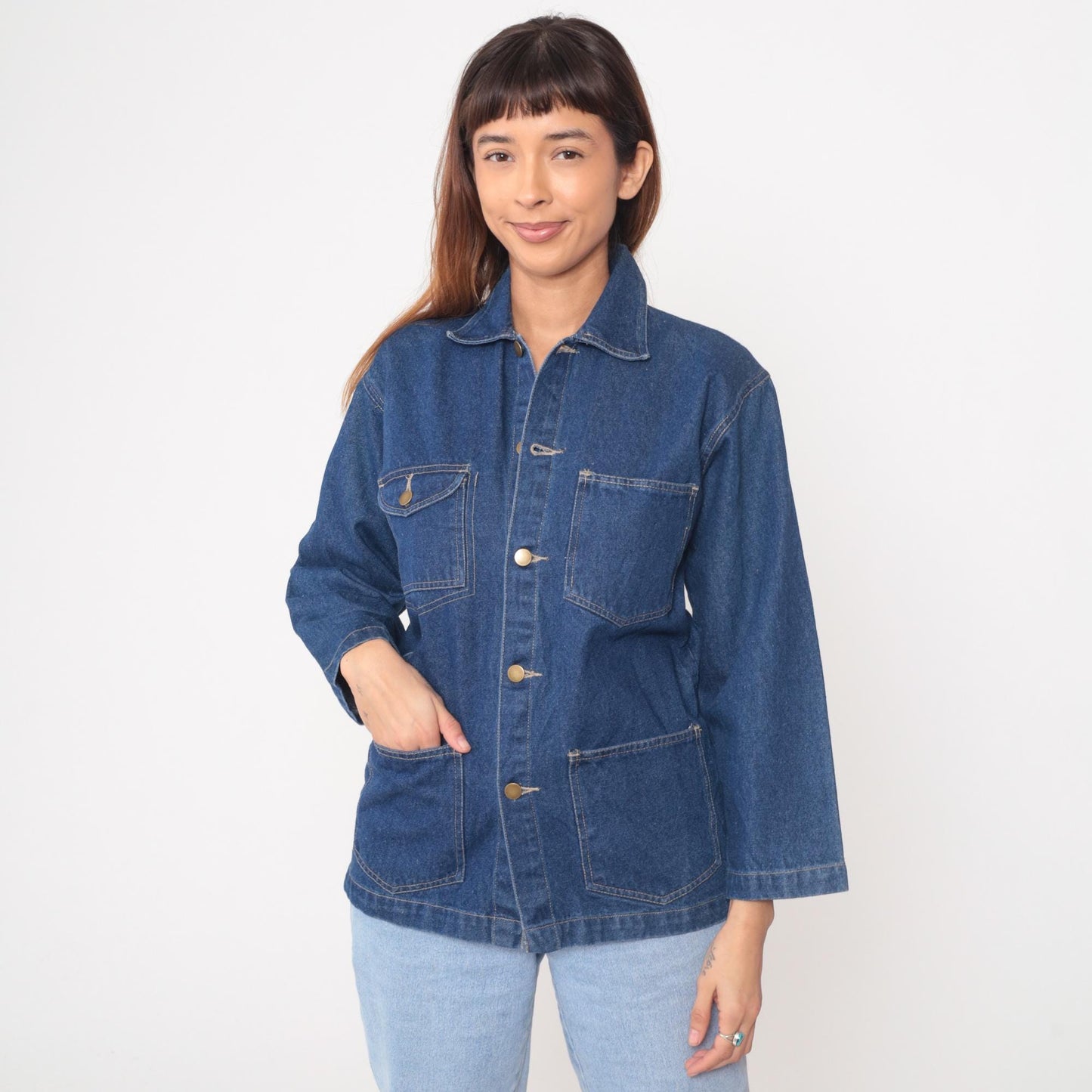 80s High Sierra Denim Chore Coat Blue Cotton Point Collar Small