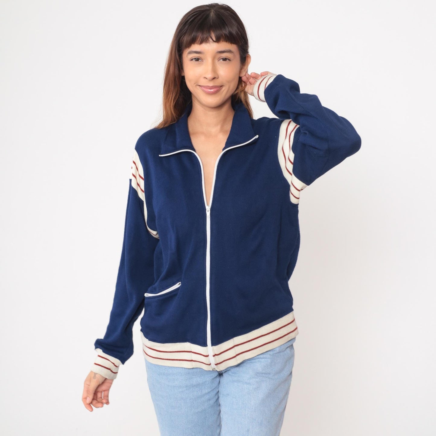 80s Winning Ways Track Jacket Navy Blue Striped Zip Windbreaker Medium