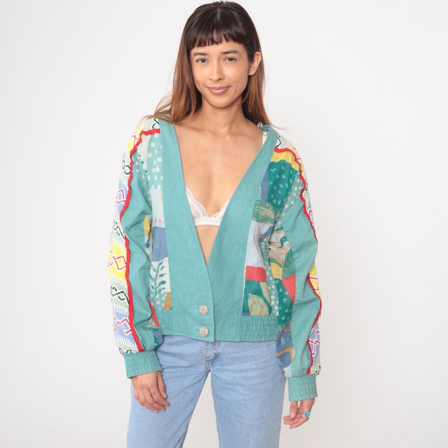 Y2K Howard Wolf Patchwork Cardigan Geometric Print Turquoise Medium M