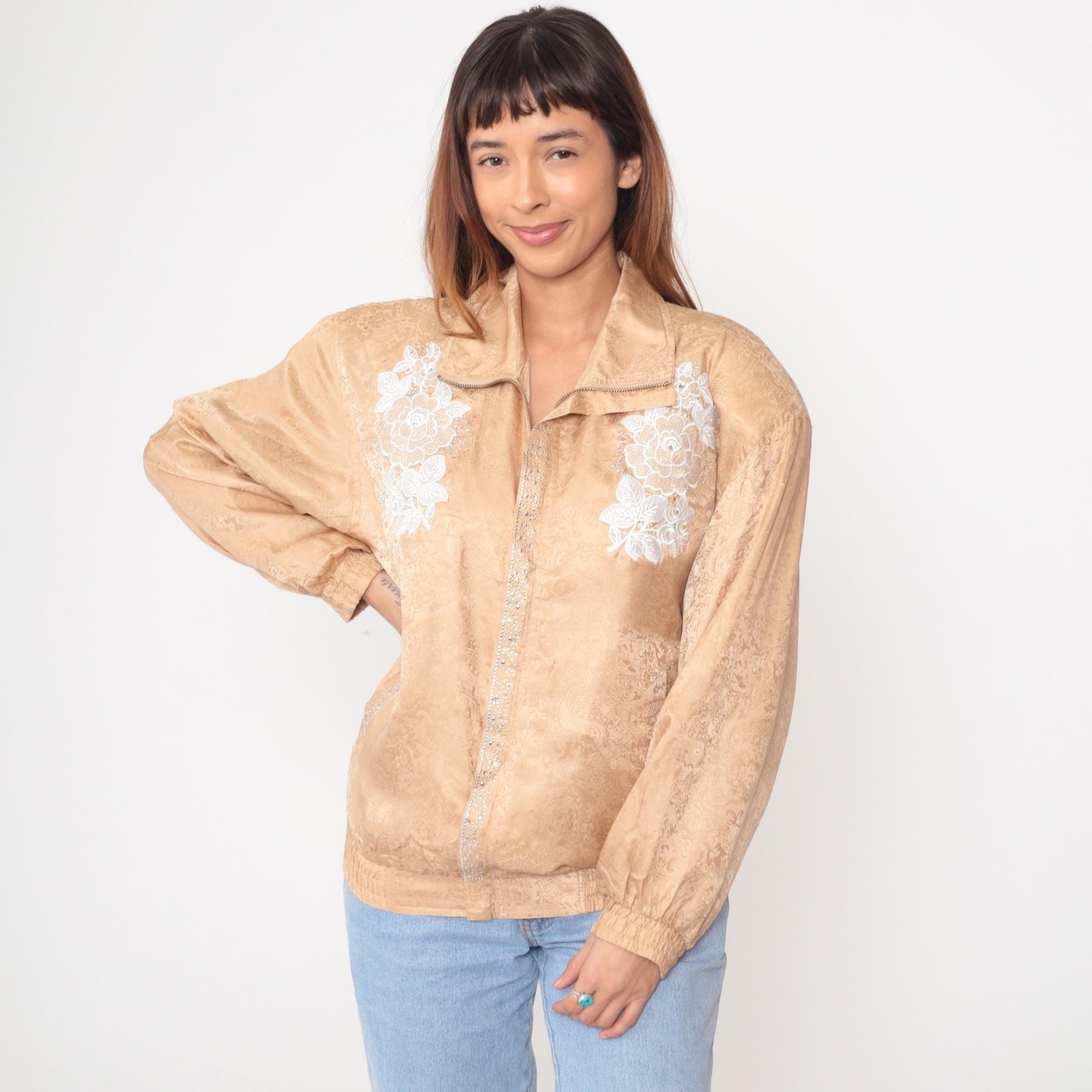 90s Silk Bomber Jacket Champagne Gold Embroidered Floral Medium M
