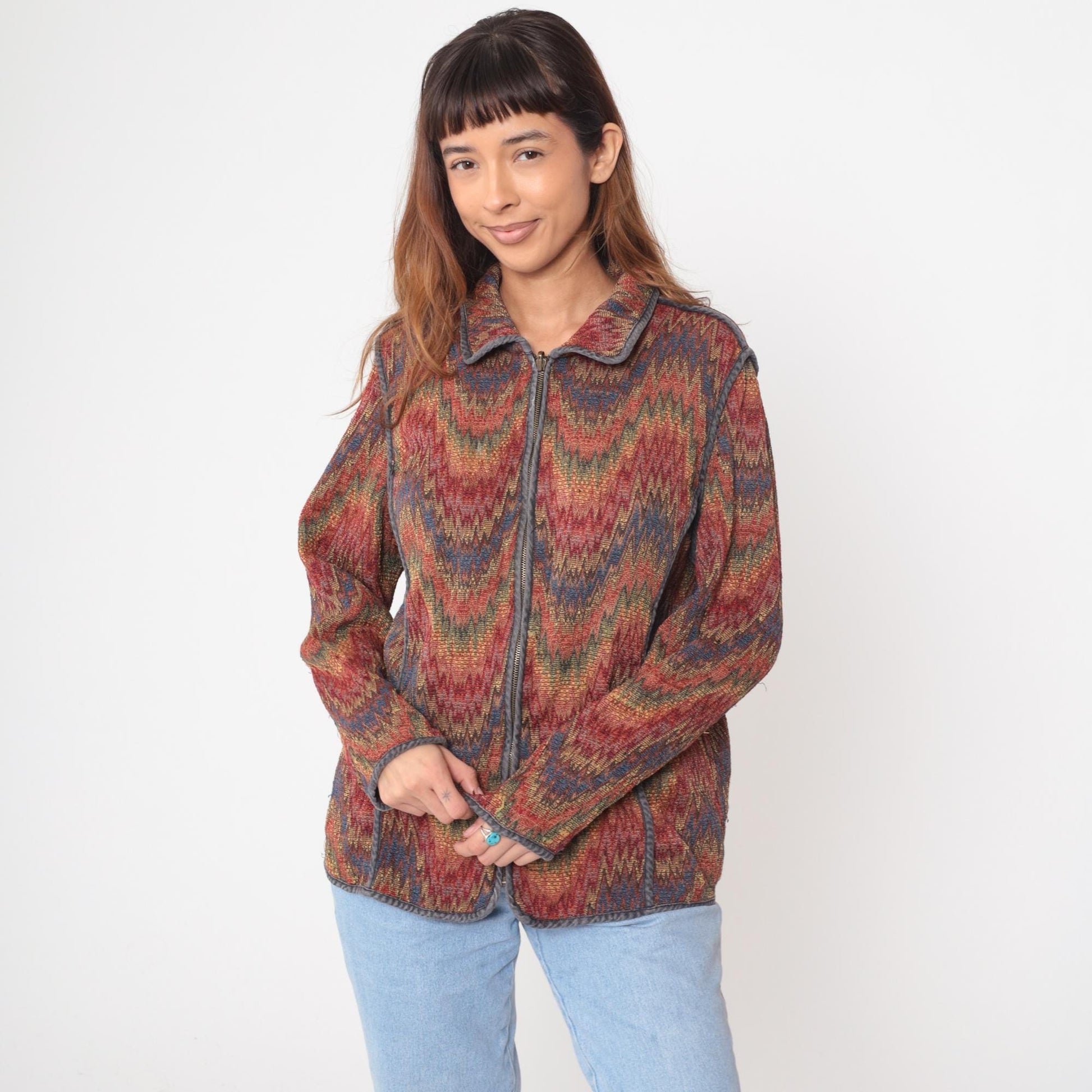 Y2K Chevron Zip Cardigan Multicolor Zigzag Knit Jacket Medium M