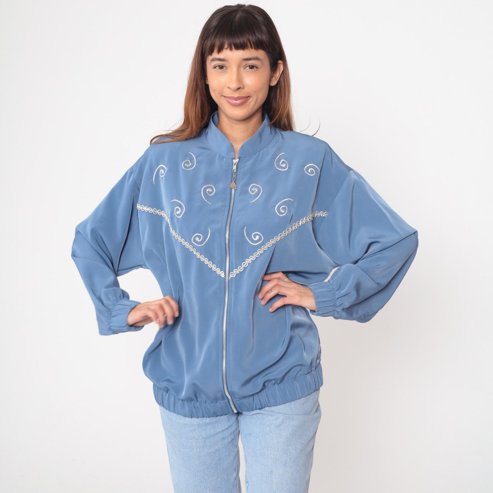 90s Silver Threads Powder Blue Bomber Jacket Spiral Embroidery Medium M