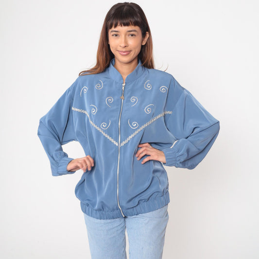 90s Silver Threads Powder Blue Bomber Jacket Spiral Embroidery Medium M