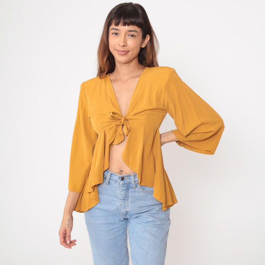 90s Rondo Mustard Yellow Crop Top Deep V Tie Front Peplum Medium M