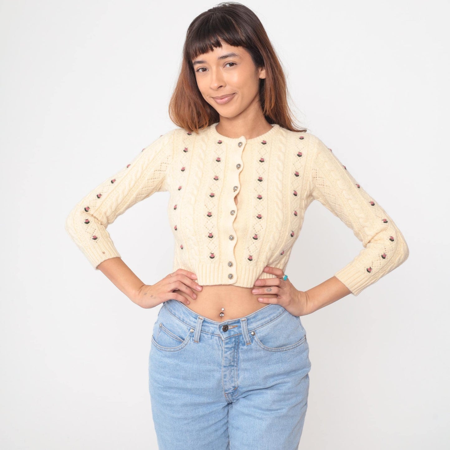 80s Cream Wool Cable Knit Cardigan Embroidered Roses Cropped Extra Small XS
