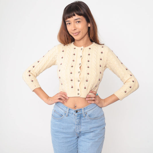 80s Cream Wool Cable Knit Cardigan Embroidered Roses Cropped Extra Small XS