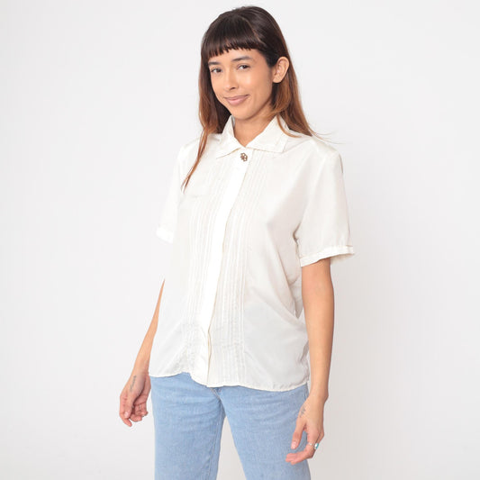 90s Casual Corner Cream Blouse Pointed Collar Pintuck Pleated Short Sleeve Medium
