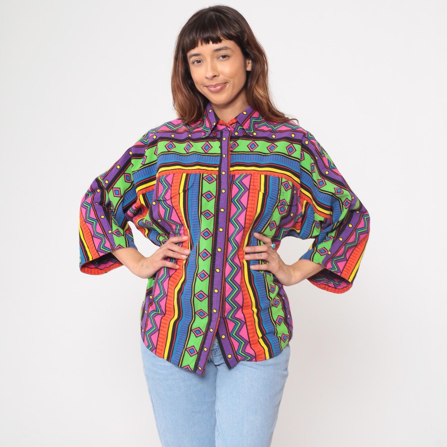 90s Westbound Geometric Button-Front Shirt Multicolor Neon Small S