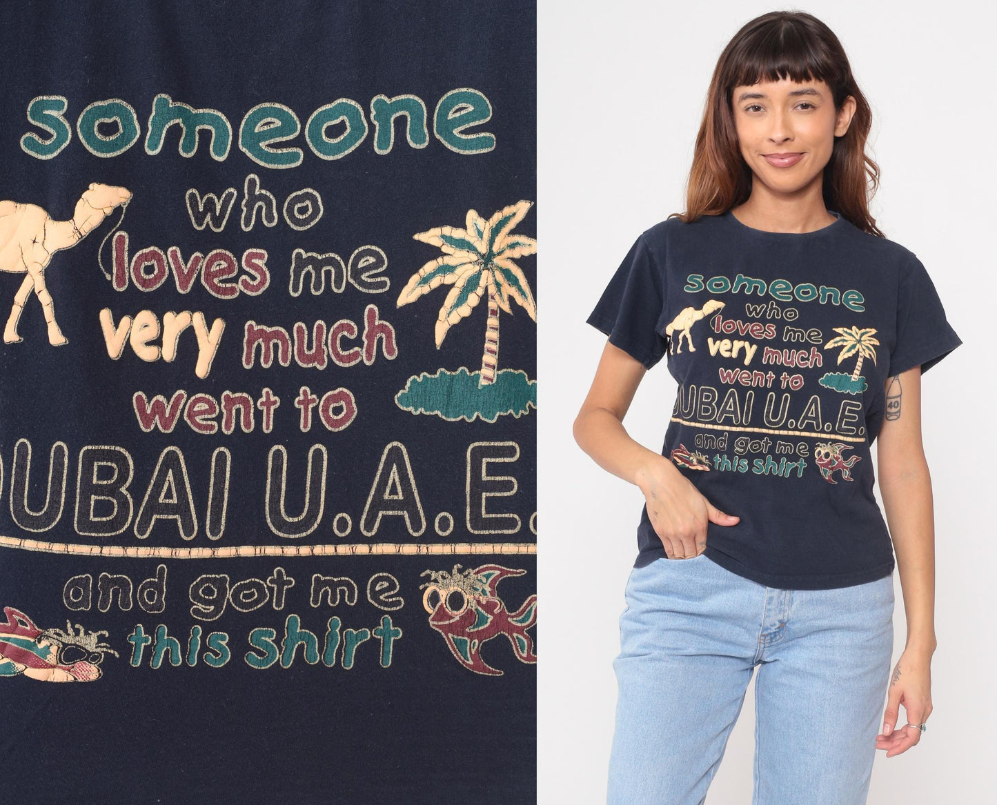 Y2K Dubai UAE Tourist Graphic Tee Cotton Camel Palm Tree Medium M