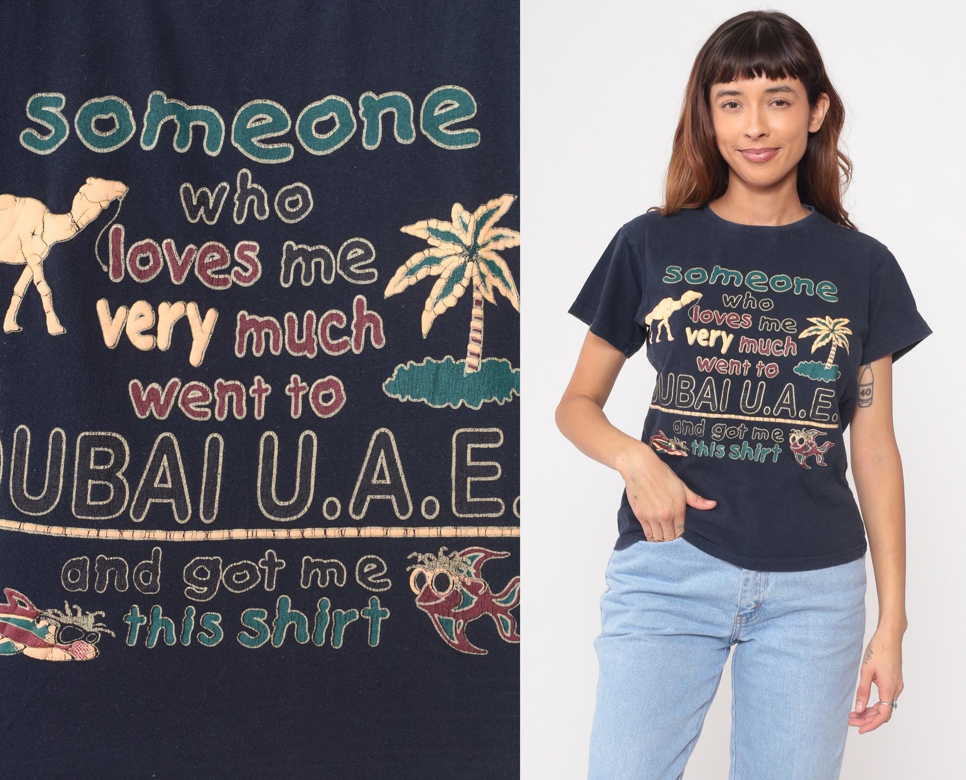 Y2K Dubai UAE Tourist Graphic Tee Cotton Camel Palm Tree Medium M