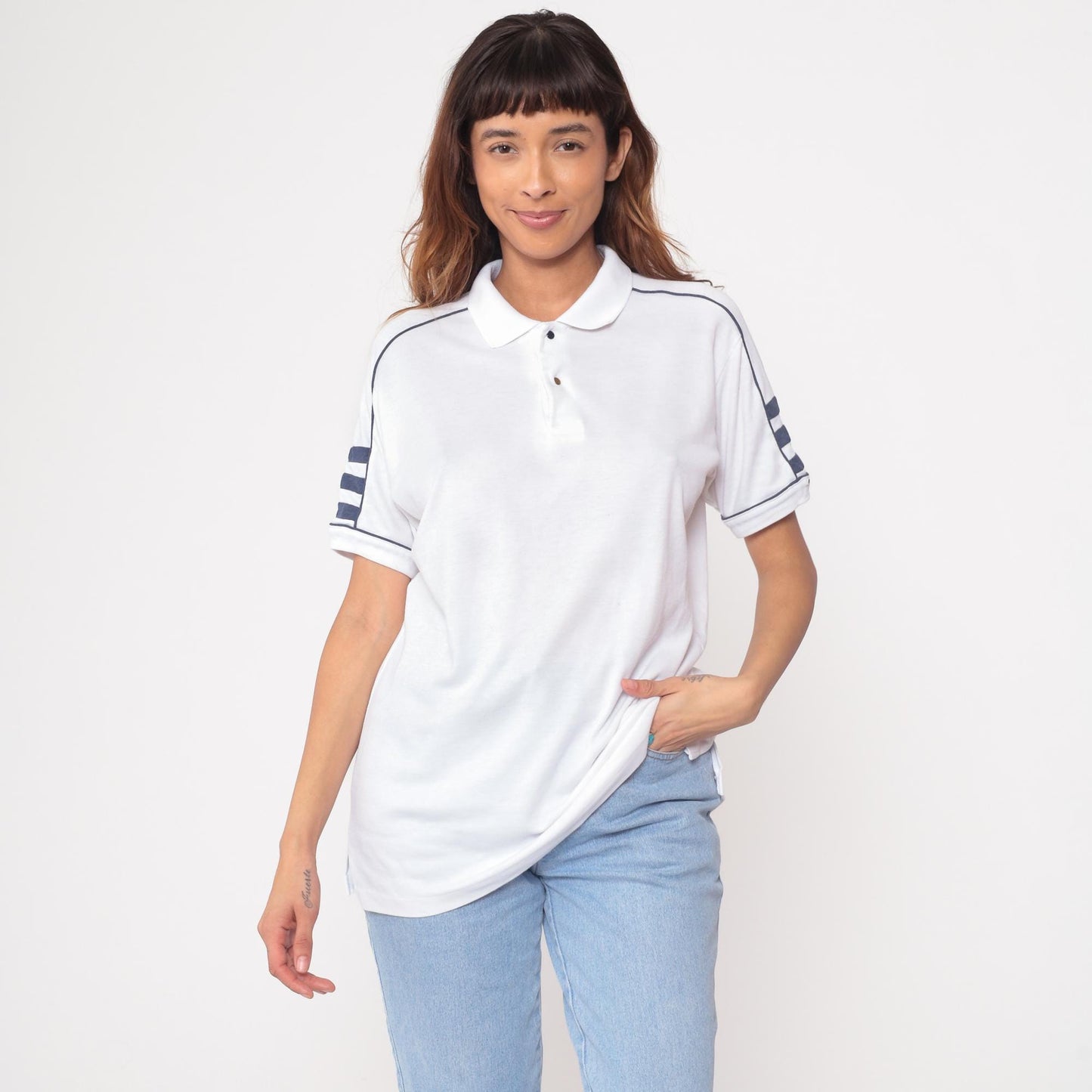 80s Private Club White Polo Shirt Navy Trim Short Sleeve Large L