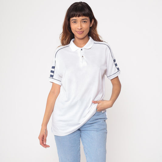 80s Private Club White Polo Shirt Navy Trim Short Sleeve Large L