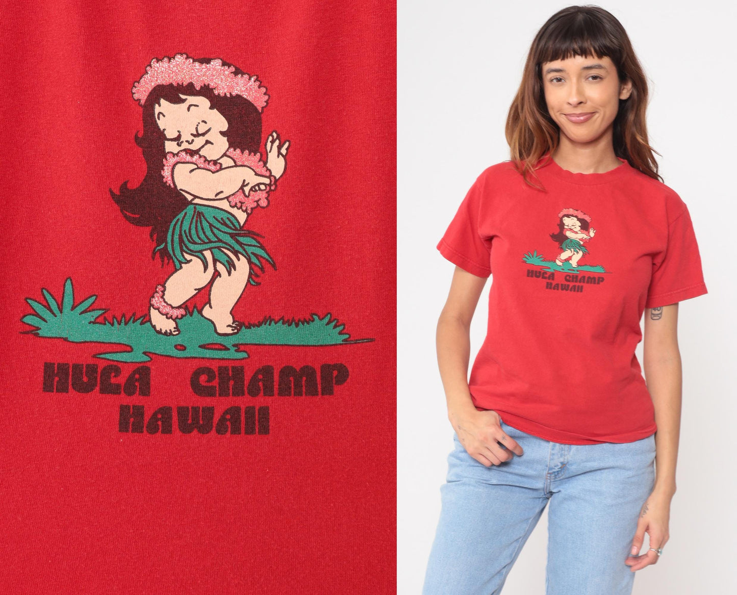 Y2K Hula Champ Hawaii Red Graphic T-Shirt Cotton Crew Neck Small S