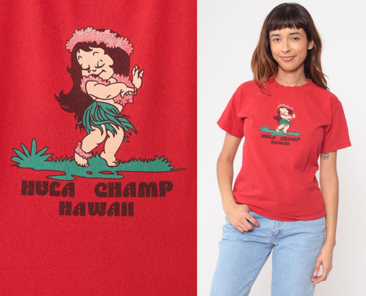 Y2K Hula Champ Hawaii Red Graphic T-Shirt Cotton Crew Neck Small S