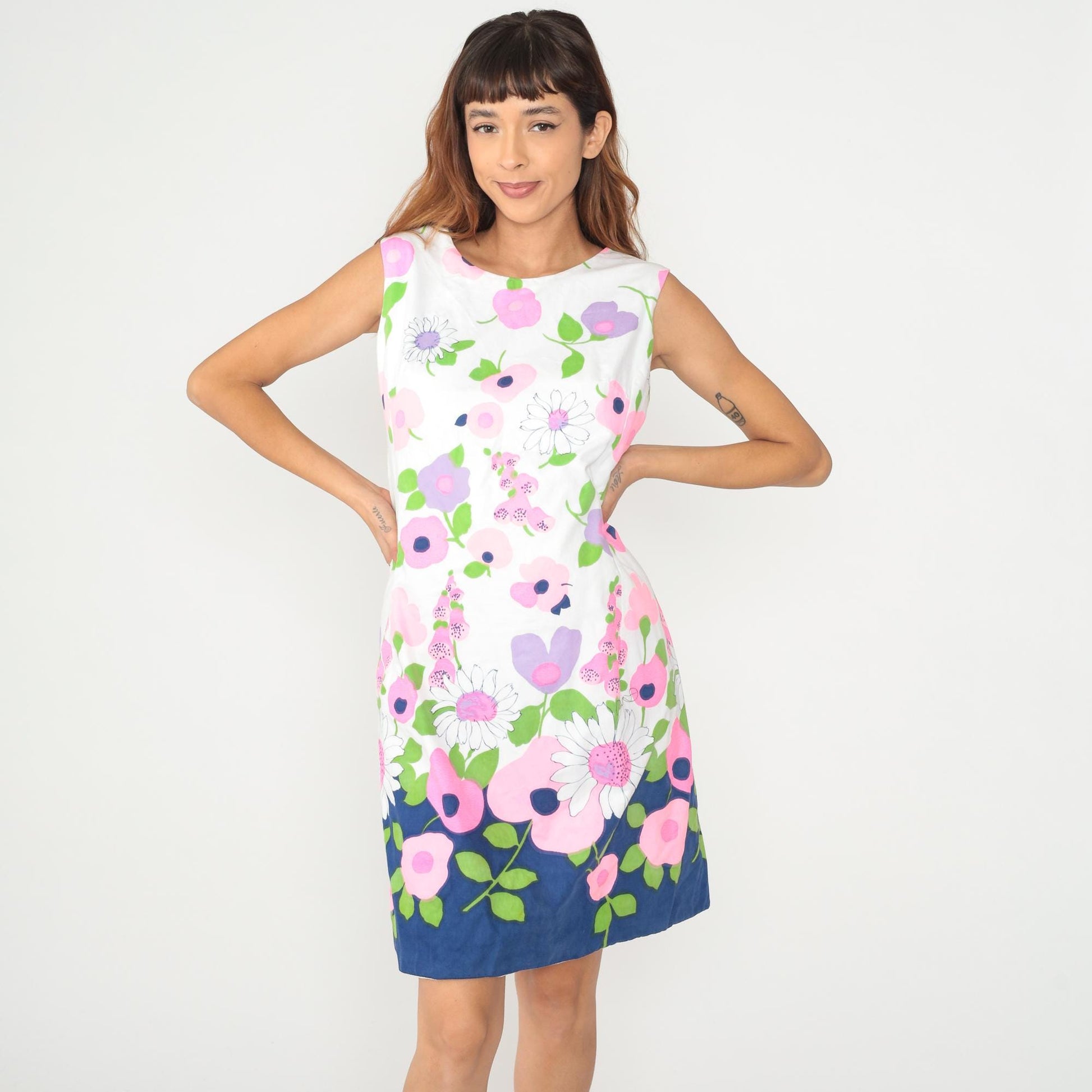 60s Floral Shift Dress Navy Daisy Pink Purple White Cotton Sleeveless Medium