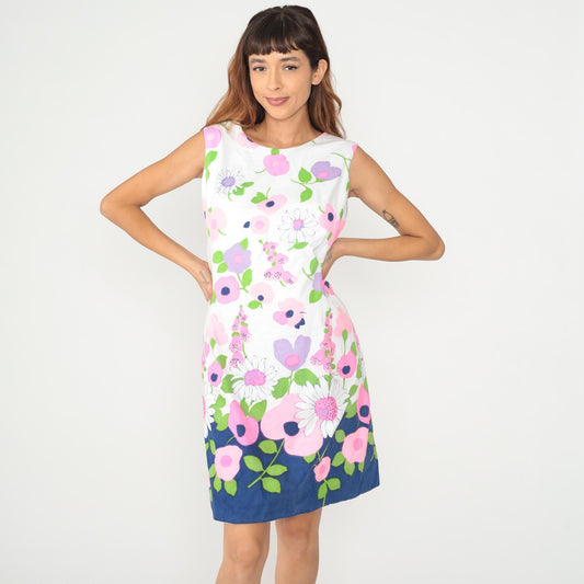 60s Floral Shift Dress Navy Daisy Pink Purple White Cotton Sleeveless Medium