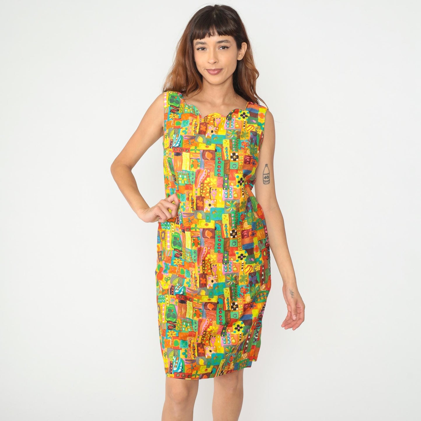 60s Psychedelic Patchwork Shift Dress Multicolor Geometric Mini Cotton Medium