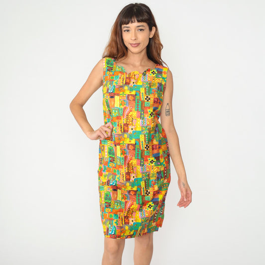 60s Psychedelic Patchwork Shift Dress Multicolor Geometric Mini Cotton Medium