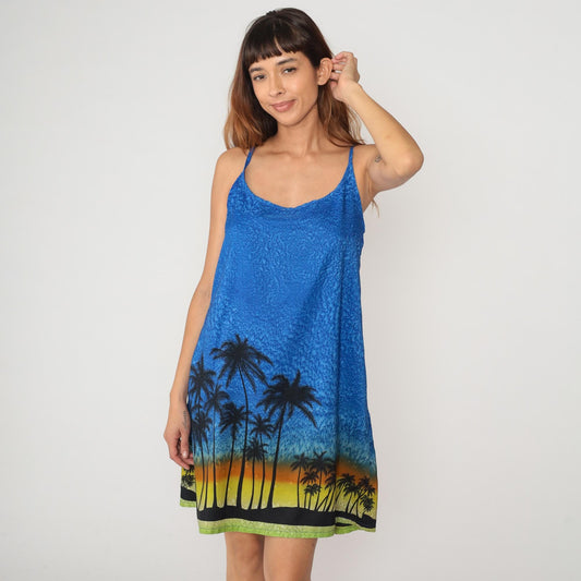 Y2K Blue Ombre Slip Dress Tropical Sunset Palm Tree Print Large L