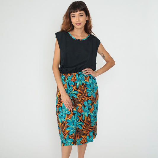 90s Tropical Floral Colorblock Sleeveless Dress Black Turquoise Large L