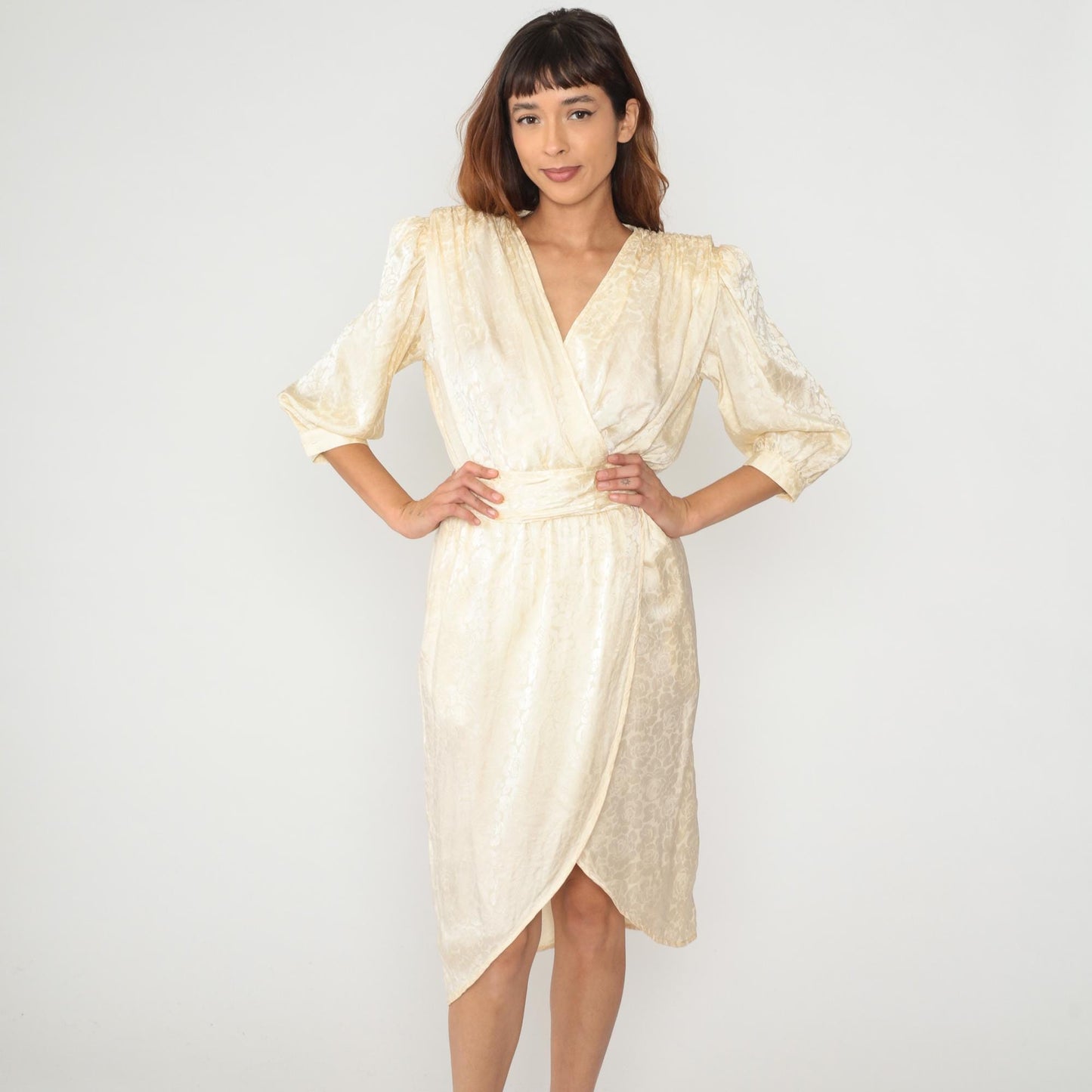 90s Argenti Silk Wrap Dress Cream Floral Jacquard V-Neck Small S