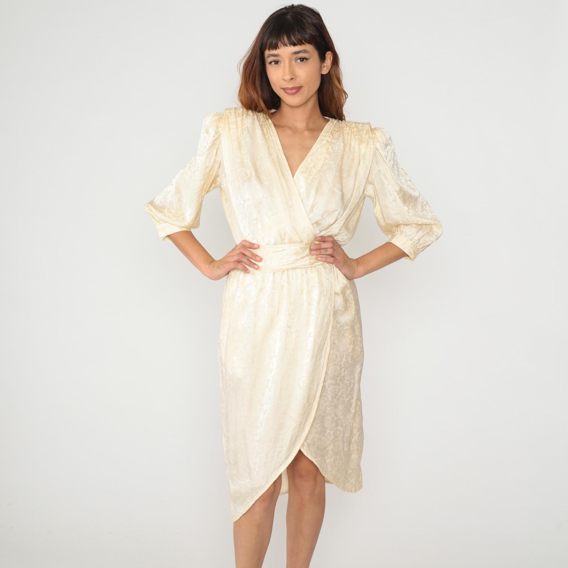 90s Argenti Silk Wrap Dress Cream Floral Jacquard V-Neck Small S
