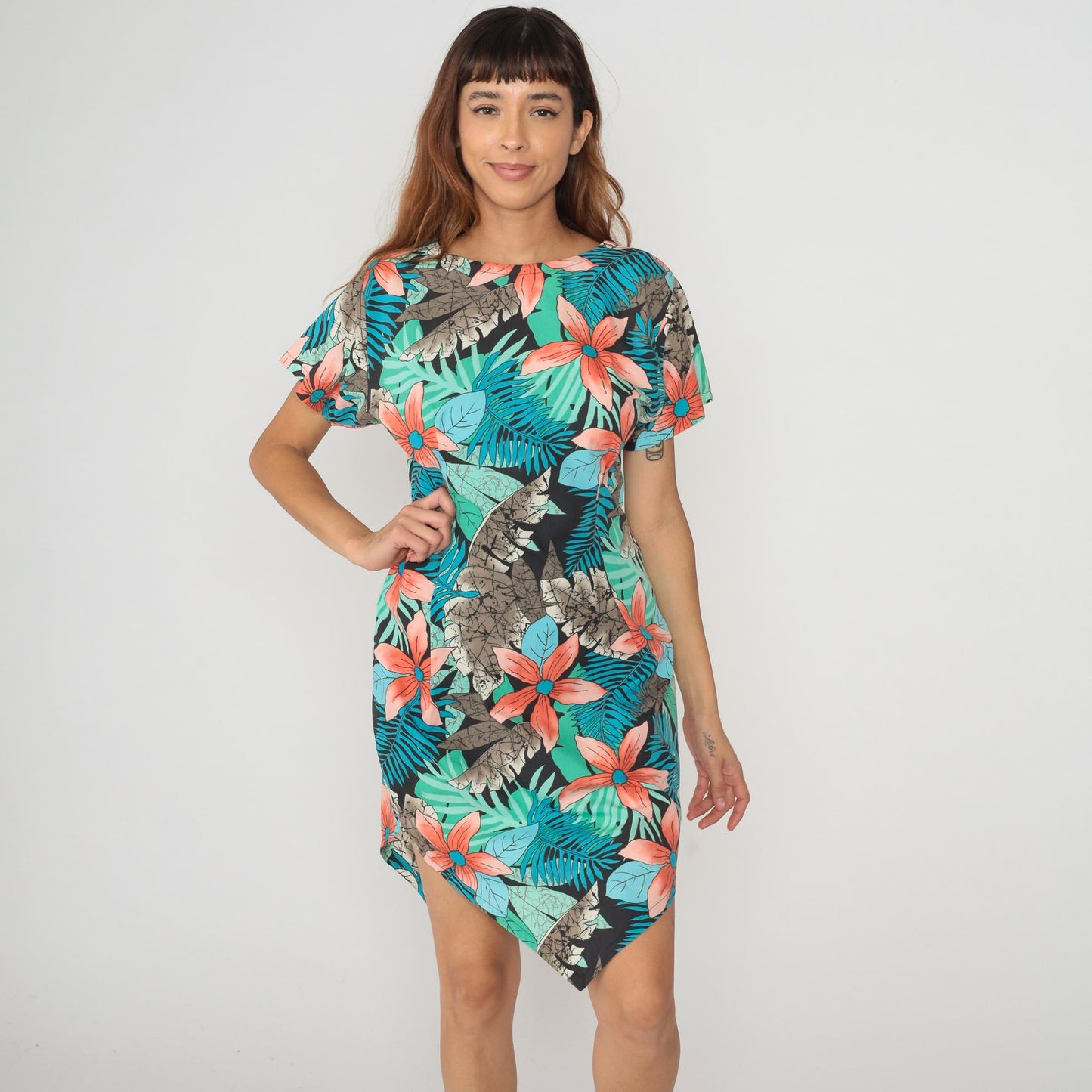 80s Tropical Palm Leaf Floral Asymmetrical Dress Coral Teal Cotton Small