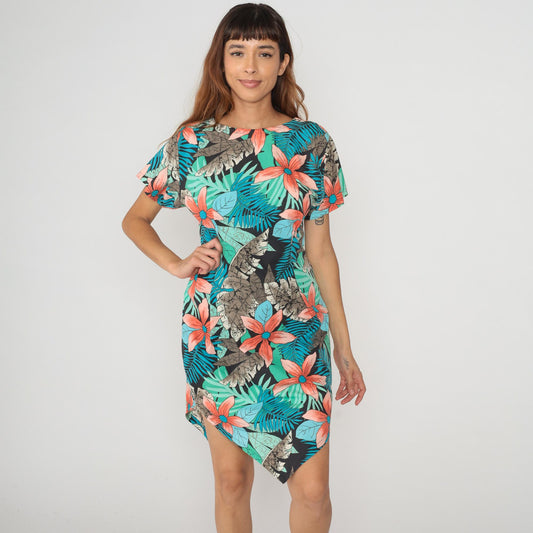 80s Tropical Palm Leaf Floral Asymmetrical Dress Coral Teal Cotton Small