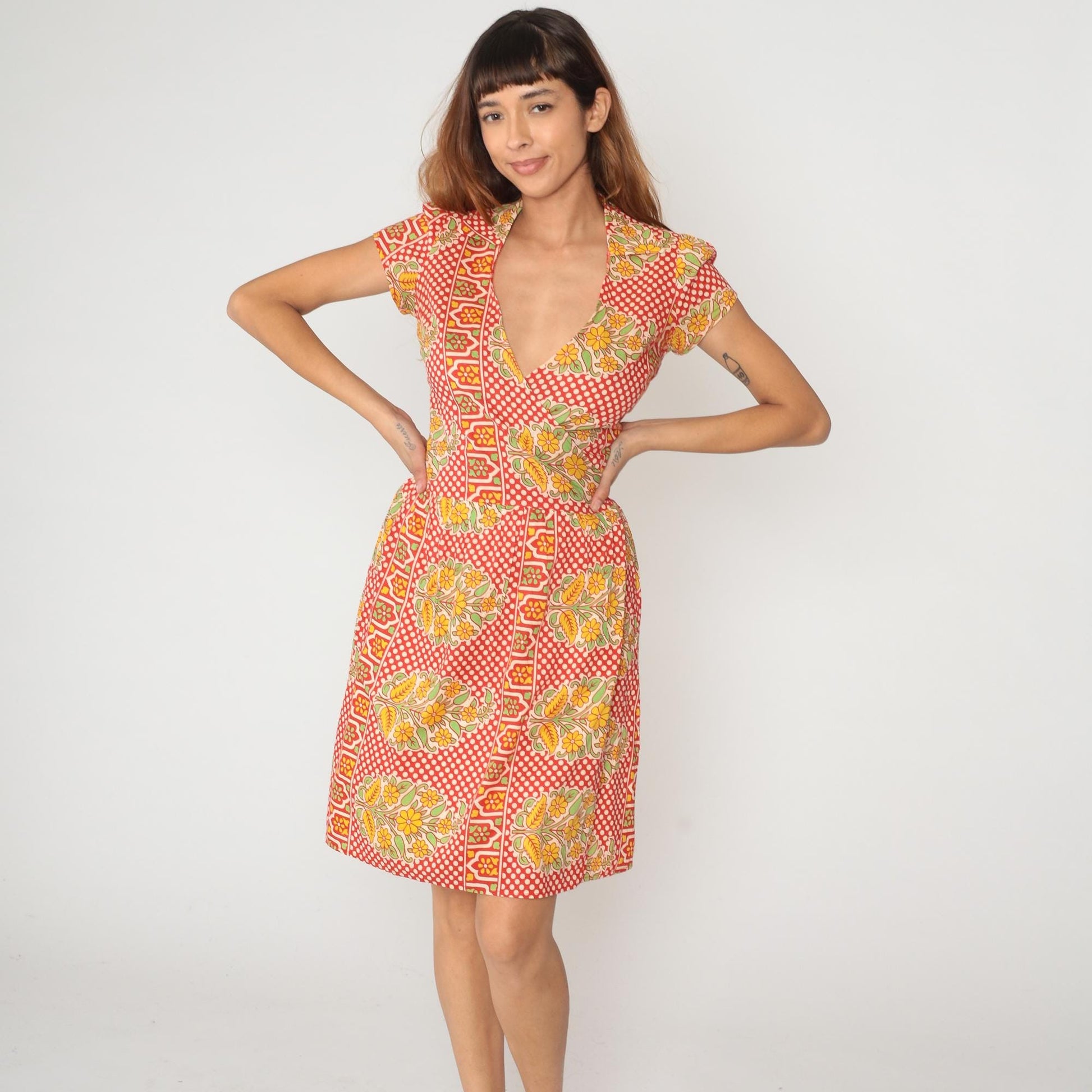 90s Wrap Dress Coral Red Polka Dot Floral Print Cotton V-Neck Medium M