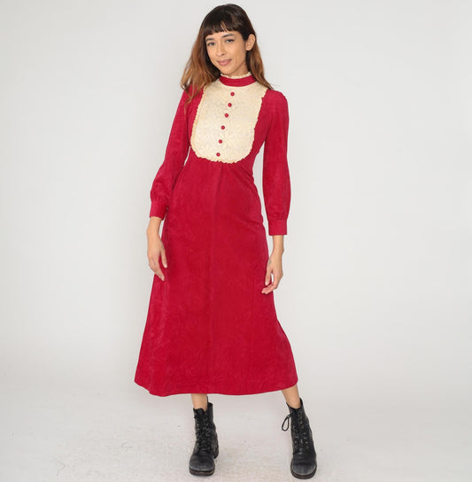 70s Burgundy Velvet Maxi Dress Lace Bib Mock Neck Button Front Extra Small