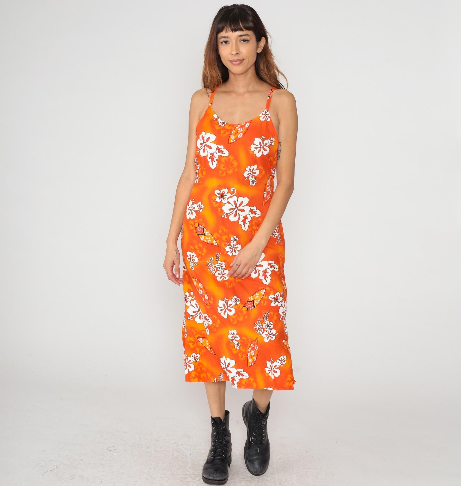 Y2K Orange Hawaiian Hibiscus Maxi Slip Dress Spaghetti