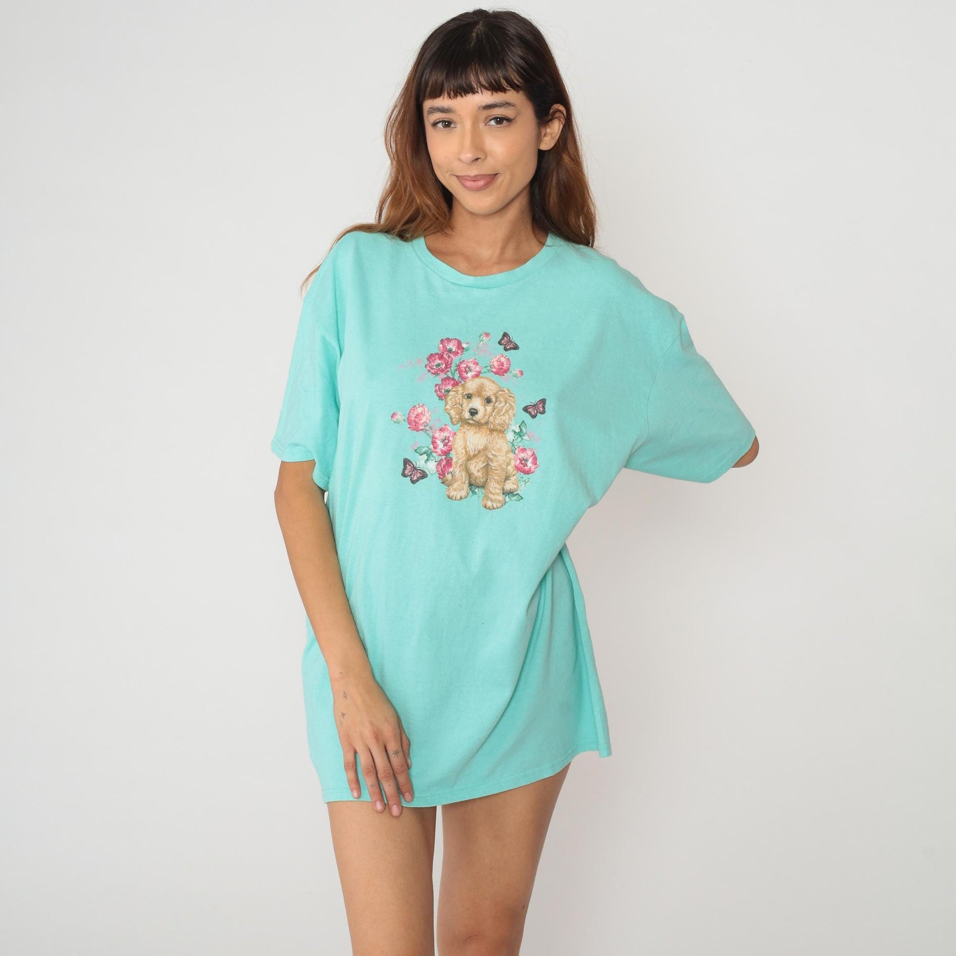 90s Cocker Spaniel Puppy Graphic Tee Turquoise Floral Butterfly Cotton Extra Large XL