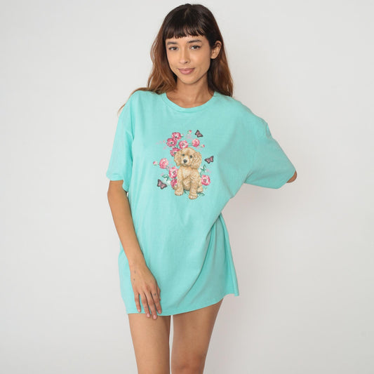 90s Cocker Spaniel Puppy Graphic Tee Turquoise Floral Butterfly Cotton Extra Large XL