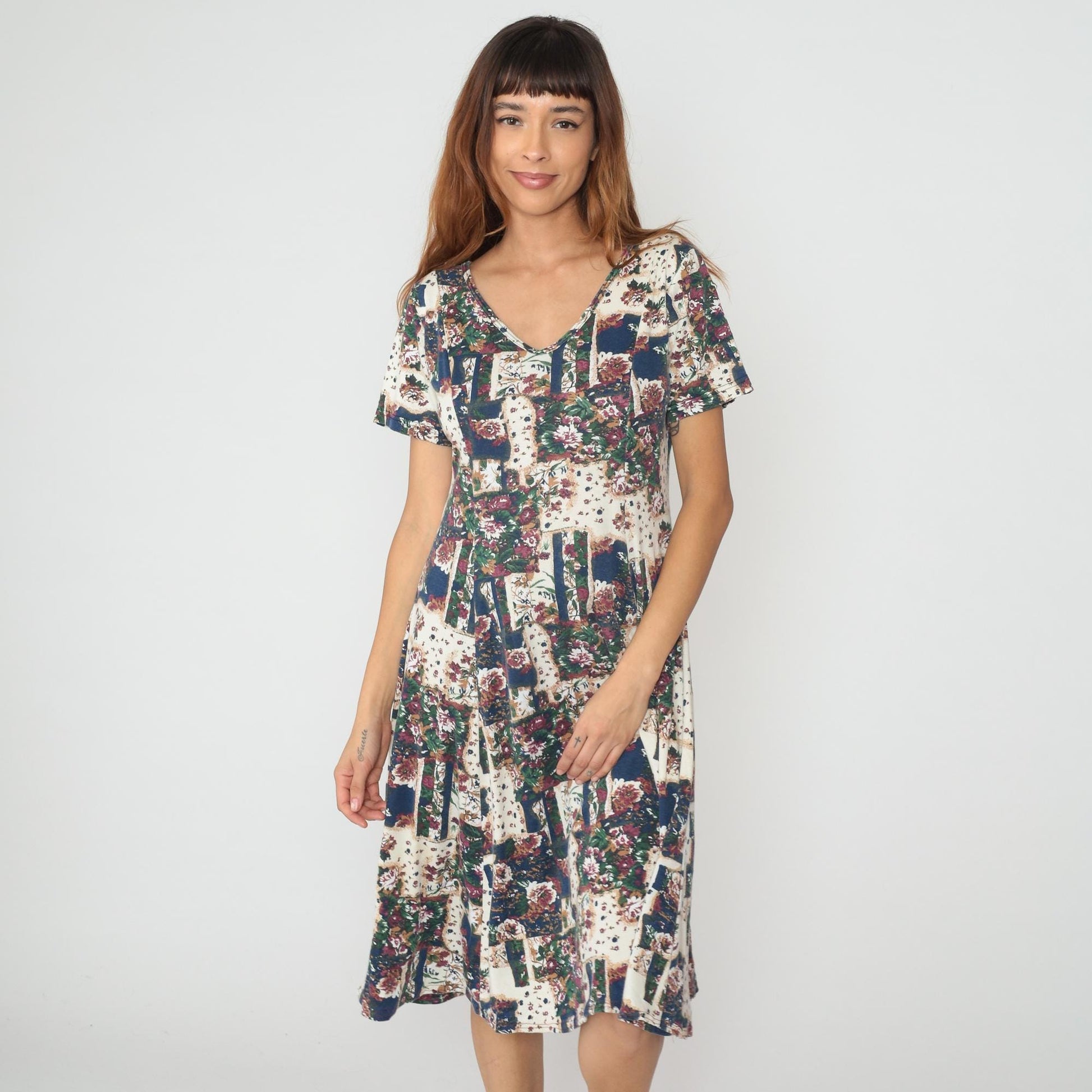 90s Patchwork Floral Midi Dress Cotton Cream Navy – Shopexile
