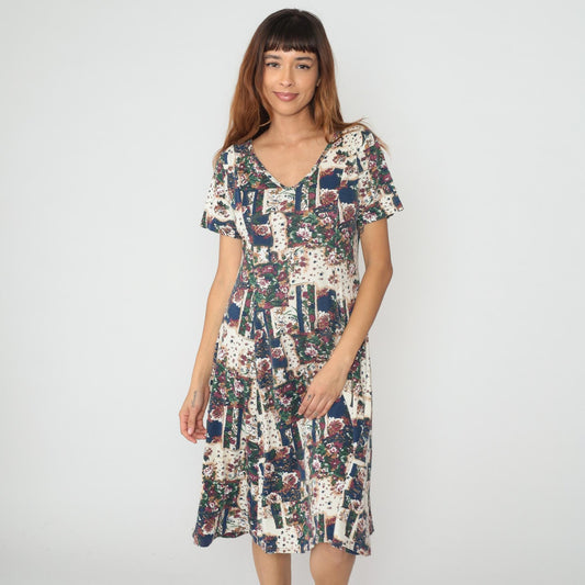 90s Patchwork Floral Midi Dress Cream Navy Burgundy Green Cotton V-Neck Medium M