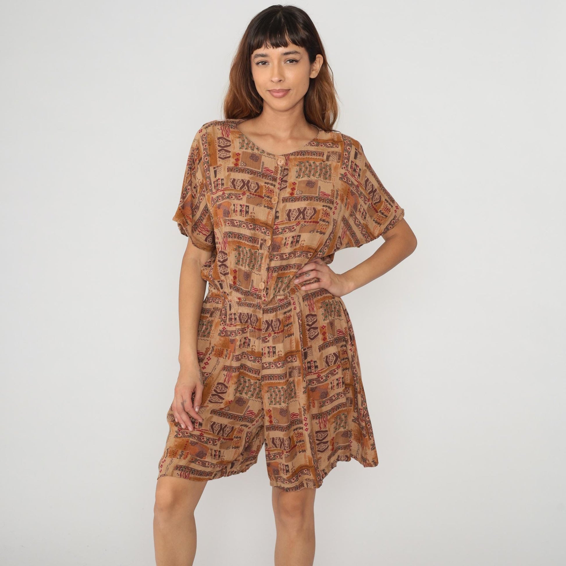 90s Rafael Patchwork Romper Ethnic Print Brown Orange Large L