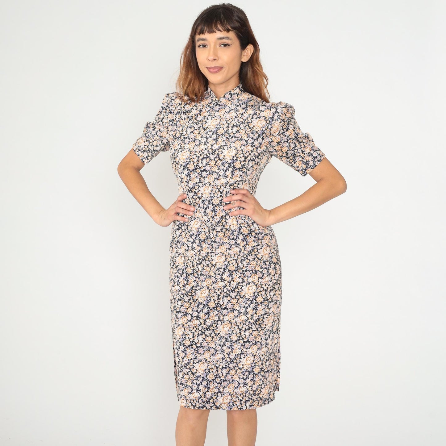 90s Floral Midi Dress Mandarin Collar Puff Sleeve Navy Peach Small