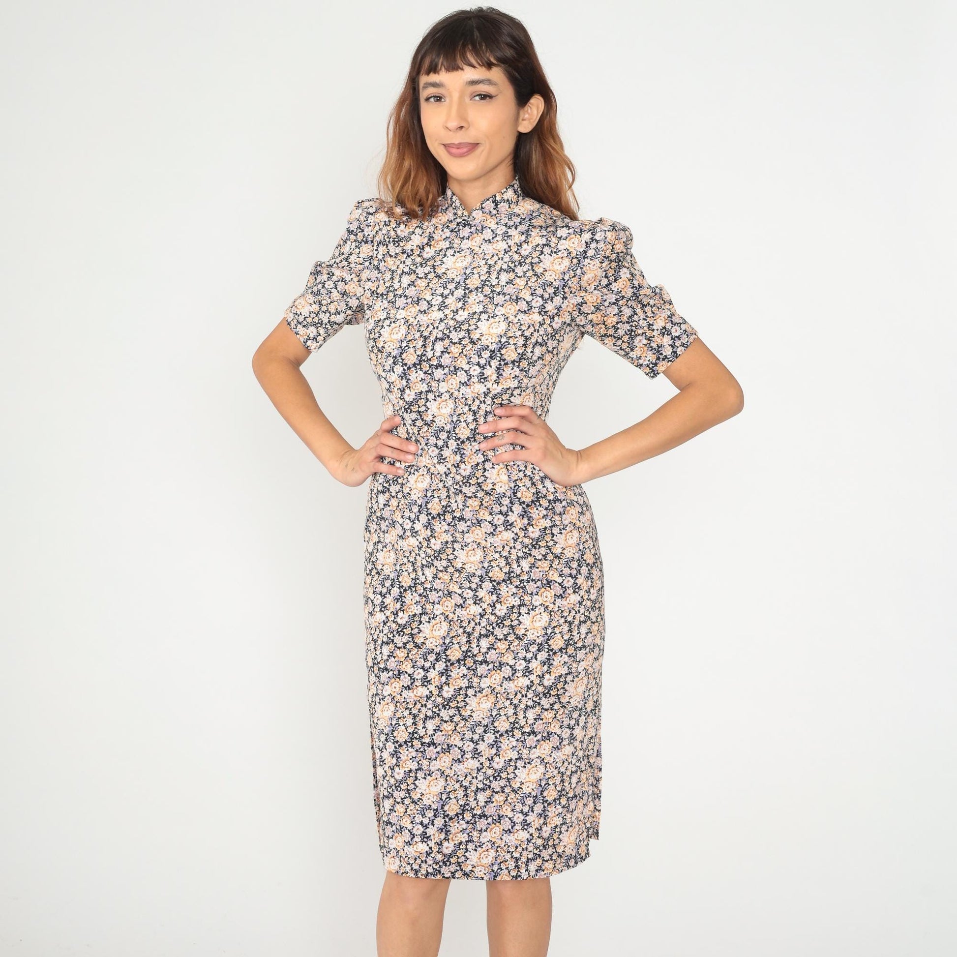 90s Floral Midi Dress Mandarin Collar Puff Sleeve Navy Peach Small