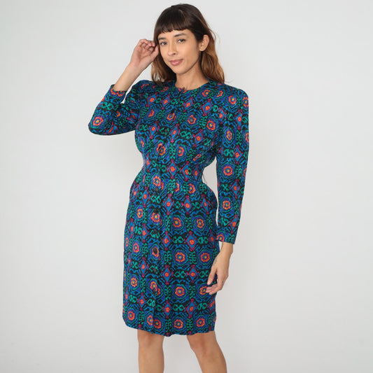 80s Papell Petites Medallion Print Dress Knee Length Geometric Small