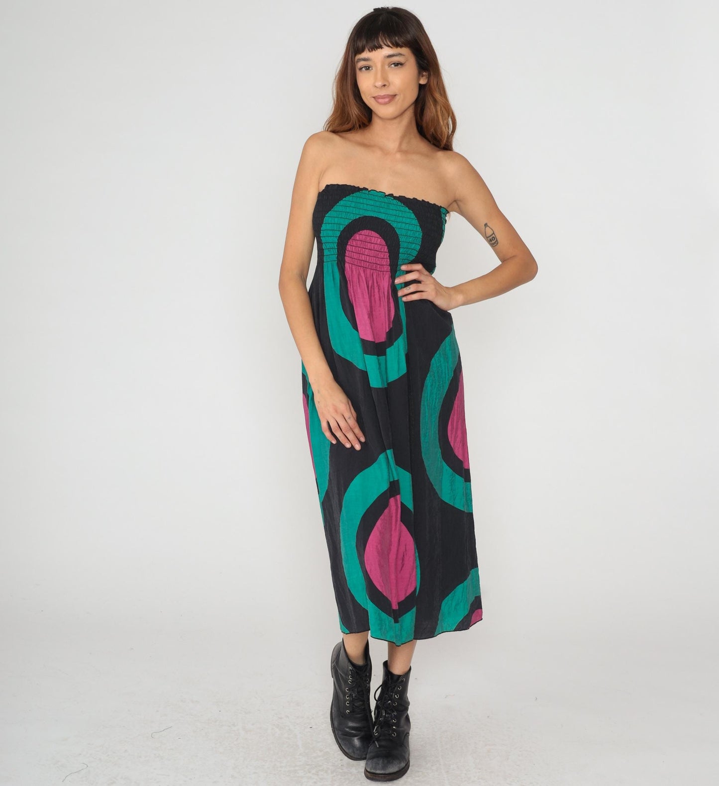 Y2K Hot and Delicious Strapless Dress Geometric Print Black Teal Magenta Large L