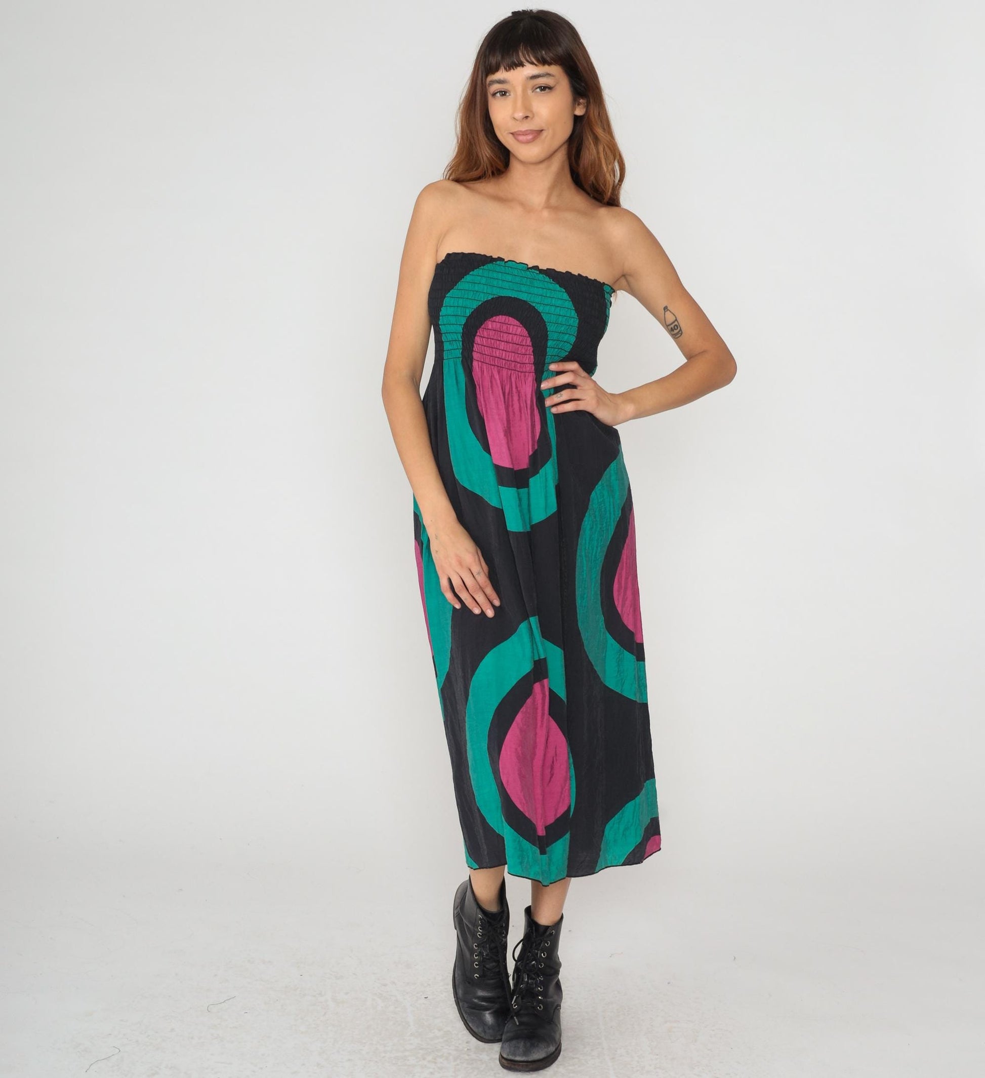 Y2K Hot and Delicious Strapless Dress Geometric Print Black Teal Magenta Large L