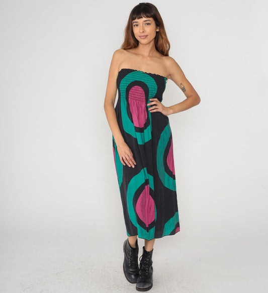 Y2K Hot and Delicious Strapless Dress Geometric Print Black Teal Magenta Large L